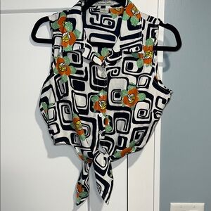 GUESS Black & White Geometric Tie-Front Camisole with Orange Floral Accents